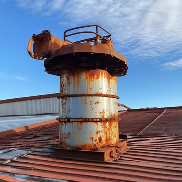 rusty heat exchanger on roof top of building