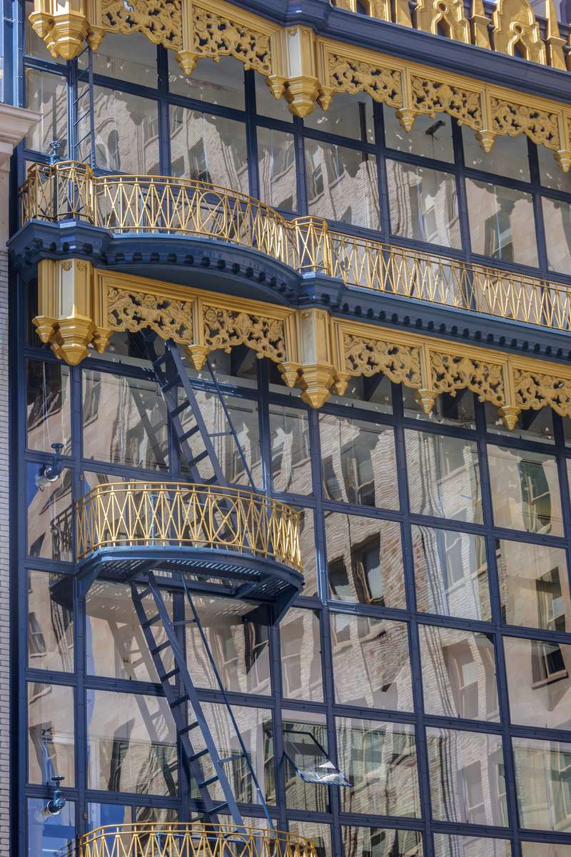 Ornamental facade detail in blue and gold